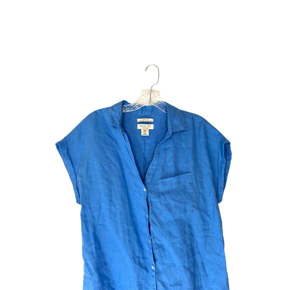 Rachel Zoe Linen Shirt Blue Button Up Casual Short Sleeve Lagenlook Medium - Picture 3 of 11